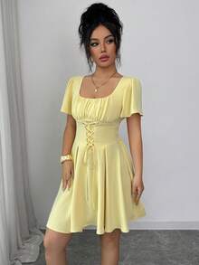 Selianne Women's Elegant Ruched U-Neck Tie-Waist A-Line Ruffle Sleeve Pale Yellow Summer Dress,Suitable For Work,Vacation,Day Party,High Tea,Spring Short Dress - Pale Yellow - View 7