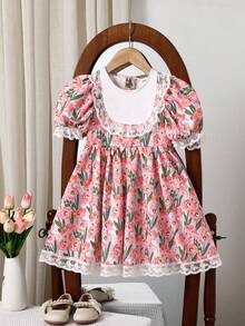 SHEIN LMoss Kids 小女孩碎花彼得潘领修身连衣裙假日装扮 - 粉色 - 查看 7
