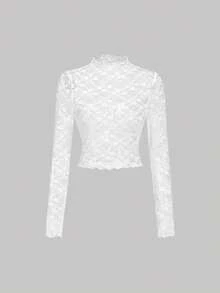 SHEIN MOD 3件套女士蕾丝透视长袖黑白上衣，蕾丝上衣，黑白上衣，3件装女士薄纱蕾丝长袖露脐上衣，高领设计，春夏款，优雅上衣，外出上衣，生日装，嘉年华服装，多件装上衣，漏斗领上衣 - 黑與白 - 查看 9