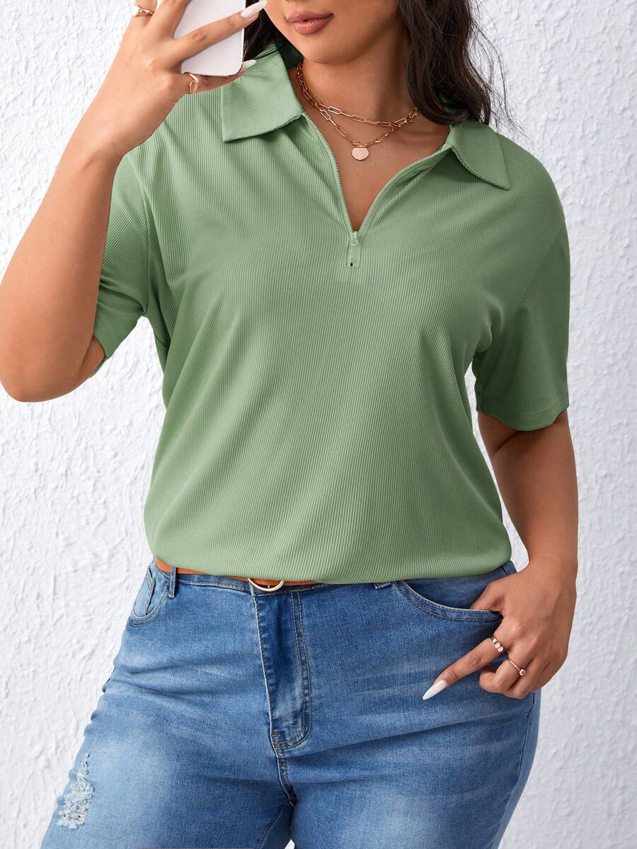 SHEIN Essnce 大码女式休闲日常通勤简约纯色半拉链翻领短袖T恤 - 薄荷綠 - 查看 1