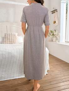 Moonlight&Mama 女士休闲撞色滚边翻领纽扣孕妇连衣裙，适合居家穿着或外穿 - 卡其色 - 查看 2