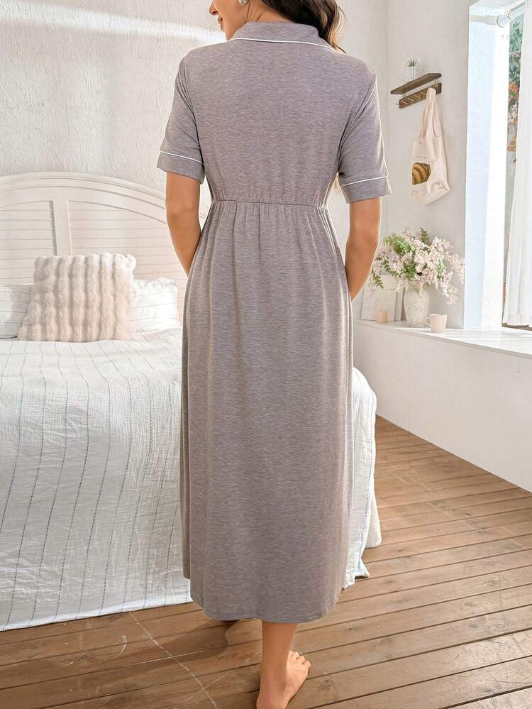 Moonlight&Mama 女士休闲撞色滚边翻领纽扣孕妇连衣裙，适合居家穿着或外穿 - 卡其色 - 查看 2