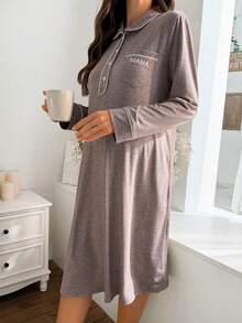 SHEIN Pregnant Women's Casual Letter Embroidered Front Button Contrast Trim Maternity Dress - Khaki - View 1