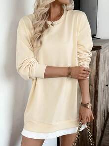 EMERY ROSE Women's Letter Graphic Dropped Shoulder Crew Neck Casual Sweatshirt - Apricot - View 4