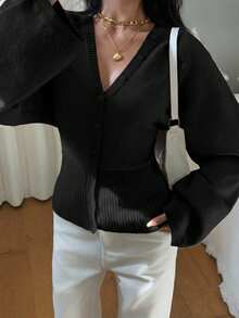 Siren Gaze Women's Solid Color Button-Up Fitted Waist Knit Cardigan, Casual Everyday Wear, Autumn/Winter - Black - View 7