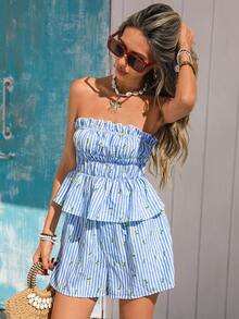 Vivid Eden 女士度假条纹荷叶边抹胸上衣和短裤时尚套装 - 藍色 - 查看 8