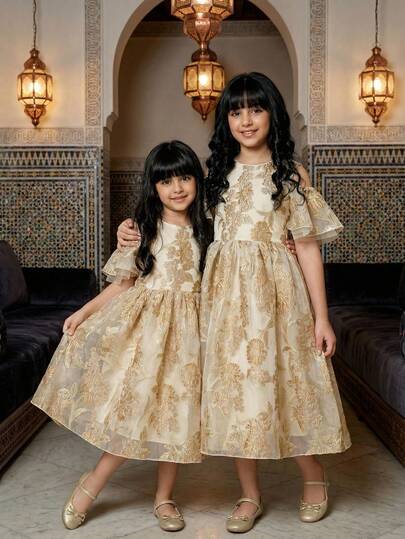 Glamorique Kids Tween GirlsPrincess Organza Embroidered Dress, High-Quality Fabric, Elegant & Graceful Embroidered Dress, Suitable For Middle Eastern, European & American Luxurious Party, Stage & Special Occasions