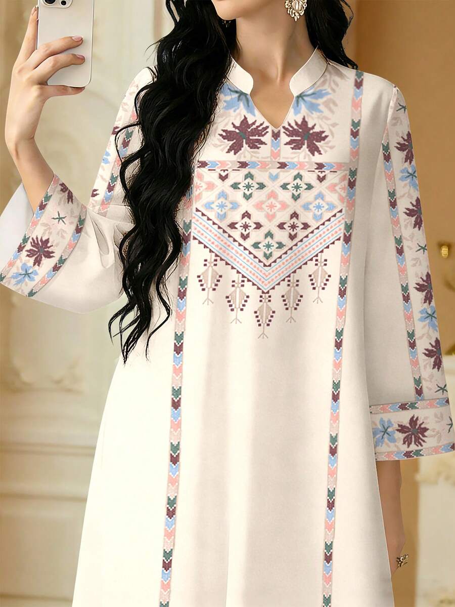 SHEIN Najma 女士花卉数码印花优雅长袖立领睡袍，春秋季 - 彩色 - 查看 1