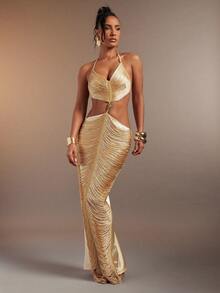 Hauture Women's Sexy Hanging Tassels Fringe Halter Deep Neck Backless Dress - Khaki - View 4