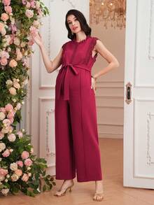 Momance Maternity Jumpsuit With Ruffle Trim, Round Neck, Sleeveless, Back Zipper, Waist Tie Bow, Straight Leg, Jacquard Fabric - Burgundy - View 4