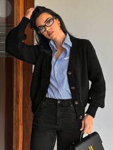 Aidyla 休闲纯色开衫，秋季，长袖上衣 - 黑色 - 查看 6