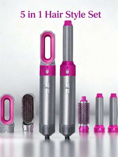 Teckwe 5 IN 1 Hair Style Set | Hot Air Brush Hair Styler, Blow Dryer Brush & Air Curling Wrap Styler With Negative Ion Technology, Hair Dryer Brush For Drying, Curling, Straightening & Styling, Gift For Women, Compact Matte Platinum Design For Home/Travel, (White Gold/Grey) -UK Plug