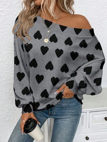 EMERY ROSE 大码休闲爱心图案斜肩宽松针织衫，秋冬款