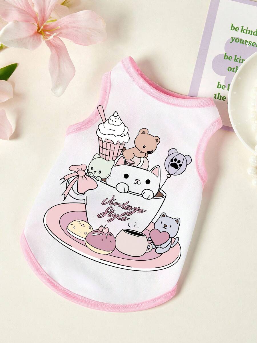 PETSIN 1pc Cup Cat Print Pet Vest, Breathable And Skin Friendly, Pink And White Style - Multicolor - View 1