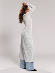 SHEIN ICON Women's Floral Lace Long Sleeve Single-Breasted Thin Jacket - Beige - View 2