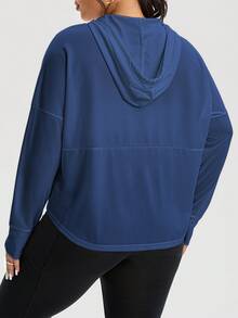 Rhythm Era Jaqueta Esportiva com Capuz e Cordão Embutido, Cor Sólida, Casual, Plus Size para Mulheres, Jaquetas Plus Size Athleisure, Moletons Plus Size para Mulheres, Roupas Esportivas Plus Size para Mulheres - Azul Marinho - Visão 3
