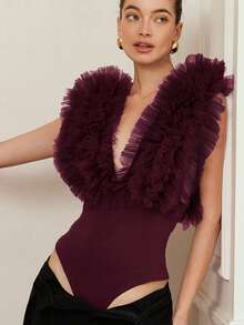 Aveloria Rosie 优雅性感深V领无袖网纱3D立体花卉连体衣（女款） - 酒紅色 - 查看 4