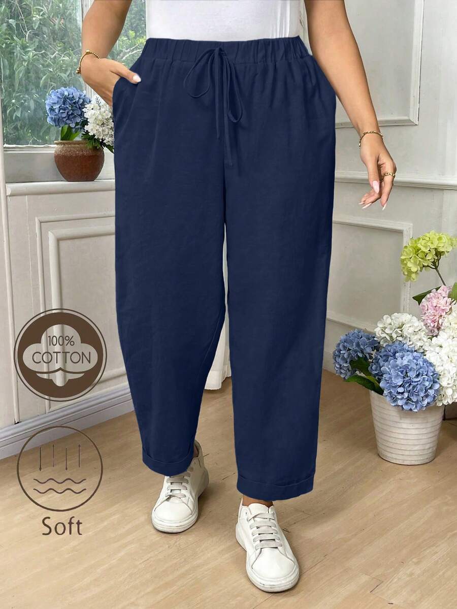 Breezaya Quần ống rộng nữ cỡ lớn màu trơn, cạp chun có dây rút, túi, chất liệu cotton. - Xanh đậm - Xem 1