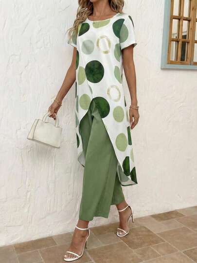 SHEIN Clasi Women's Elegant Polka Dot Print Round Neck Split Hem Short Sleeve Top And Green Elastic Waist Long Pants 2 Pieces Vacation Outfit, Summer