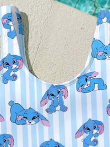 Tween Girl Cute Cartoon Blue Stitch & Rabbit Striped One-Piece Swimsuit, Suitable For Swimming, Vacation, Summer Beach - Blue and White - View 5