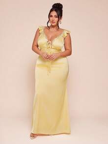 SHEIN BAE 大码女式系带修身优雅连衣裙，带荷叶袖 - 黃色 - 查看 5