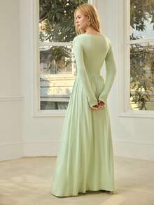 MOTF PREMIUM WOMEN'S V-NECK LONG SLEEVE RUCHED LONG DRESS, SPRING/SUMMER - Green - View 3