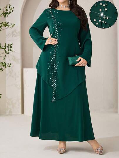 Modelyn Plus Size Women Solid Color Rhinestone Decor Asymmetric Hem Round Neck Blouse And Mini Skirt Elegant 2-Piece Set