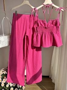 Comfortcana Woven Fuchsia Linen Tank Top And Pants Set - Hot Pink - View 2