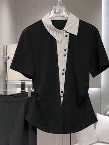 GlowEve Women's Striped Patchwork Polo Collar Short Sleeve Single-Breasted Casual T-Shirt - Black - View 5
