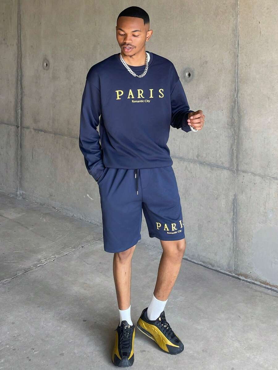 Ngobest Haus Ngobest Haus Men's Casual Letter Print Crew Neck Sweatshirt And Shorts Set, Spring & Autumn, Fall Clothes - Navy Blue - View 1