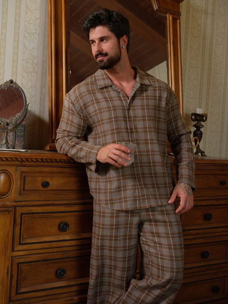 Spring Multi-Color Plaid Long Sleeve Shirt And Pants Men's Pajama Set