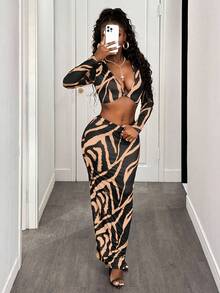 BamGleam 女士时尚街头风印花露脐上衣和半身裙两件套，秋季 - 黃色 - 查看 4