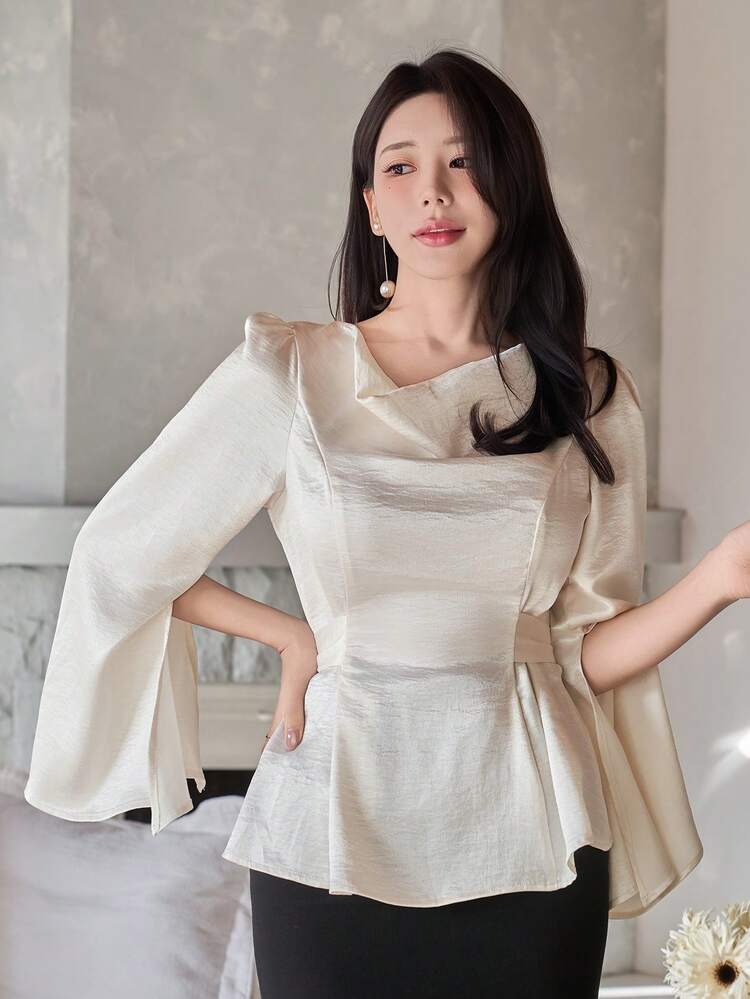 Women's Elegant Solid Color Drape Collar Blouse, Spring/Summer