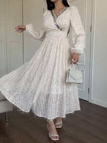 DAZY Đầm midi tay phồng đính sequin, thích hợp cho khách dự đám cưới, tiệc tùng, dạ hội, đầm lấp lánh, đầm hè. - Màu be - Xem 4
