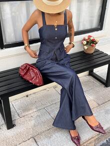 Livesso 2 Stücke Damen Lässig Trägerhemd und weite Hose Set, Sommer Loungewear Set für Damen - Blau - Übersicht 6