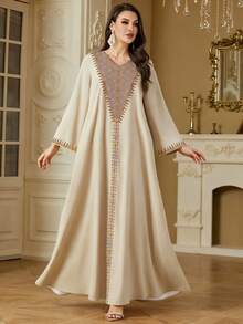 INAWLY Đầm nữ tay dài dáng rộng, cổ chữ V, thêu họa tiết, thanh lịch. - Màu be - Xem 1