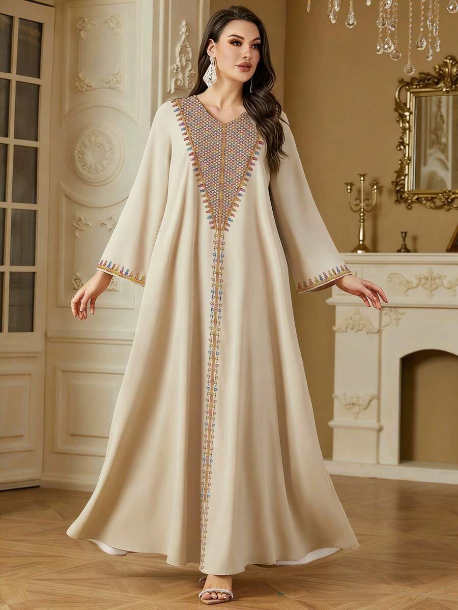 INAWLY Đầm nữ tay dài dáng rộng, cổ chữ V, thêu họa tiết, thanh lịch. - Màu be - Xem 1