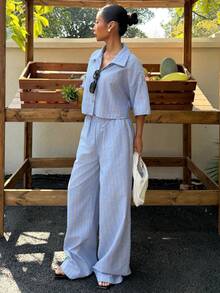 Muchica Women's Summer New Casual Vacation Striped Shirt And Pants Set - Blue - View 6