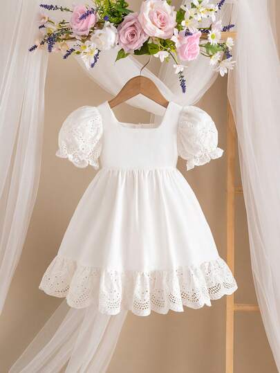 SHEIN Babygirl Cute & Elegant White Floral Embroidery Short Sleeve Dress