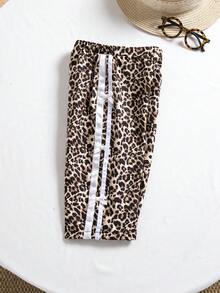 SHEIN 2 Pieces Summer Cute Vacation Knitted Black Vest And All-Over Leopard Print Pants Set With Bow Decoration On The Side - Black - View 2