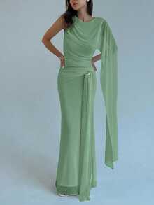 Aloruh Women's Solid Color Pleated Asymmetric Collar Elegant Dress - Green - View 5