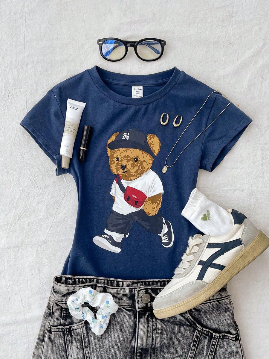 SHEIN Casual Everyday Cute Bear Graphic Fitted Crew Neck T-Shirt, Powder Blue For Teen Girls - Navy Blue - View 1