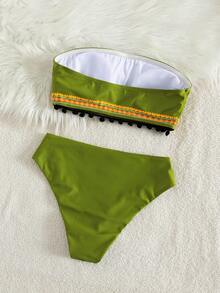 Swim Vcay 春假女士沙滩夏季服装，女士无肩带无钢圈防滑上衣和波西米亚风节日比基尼套装 - 綠色 - 查看 2