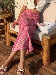 Livesso Women's Summer Vacation All-Over Print Side Zipper Slit Skirt - Coral Pink - View 1