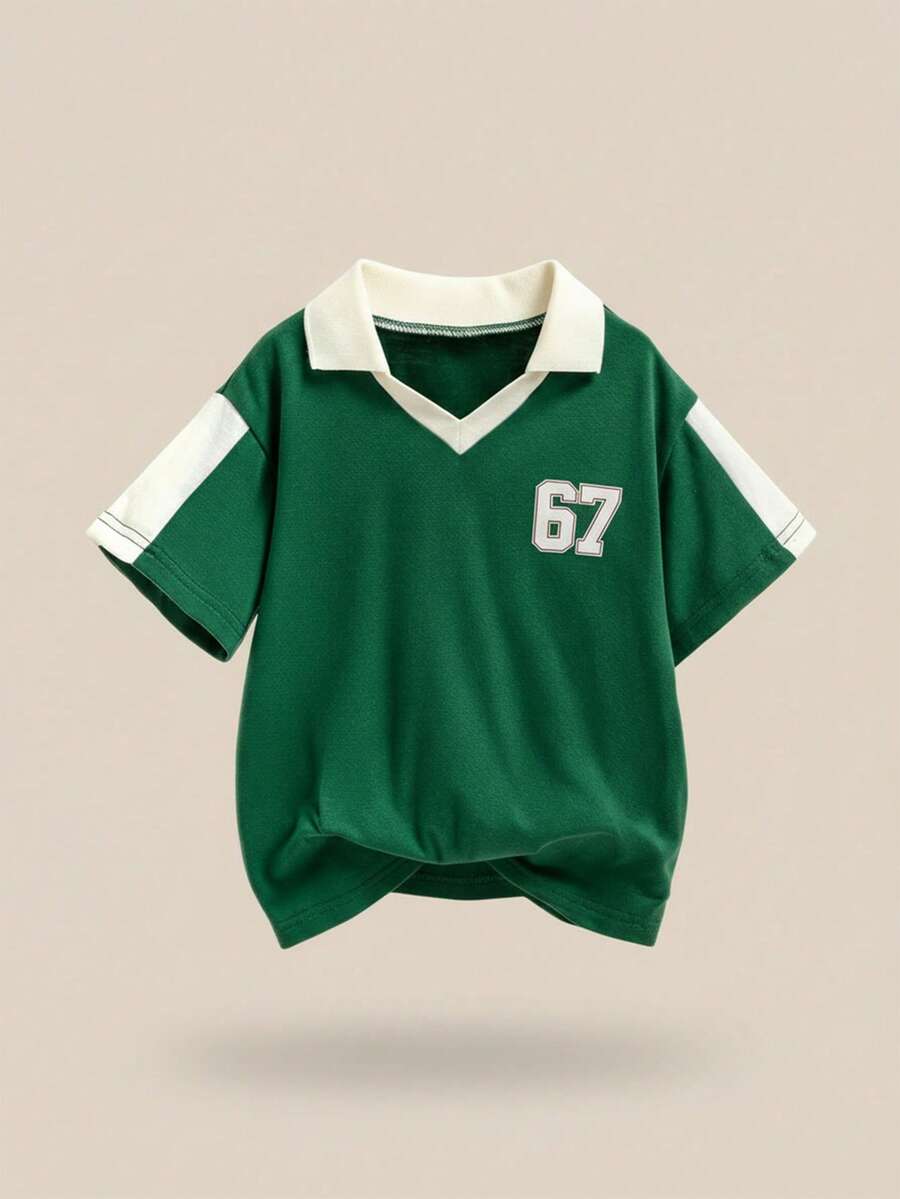 女童撞色印花短袖T恤 - 綠色 - 查看 1