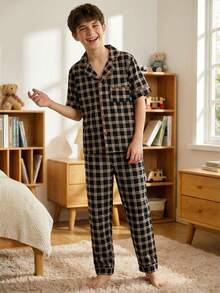 Boys Classic Plaid Lapel Short Sleeve Pajama Set - Multicolor - View 2