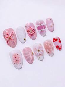 ROMWE Anime 10 Cute Simple Polka Dots Three-Dimensional Carved Fake Nail Pads And A Piece Of Double-Sided Tape - Pink - View 4