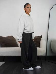 SAYEHFBABY Damen Lässig Retro Punk Y2K vielseitige Cross Weiß Muster Taille Gewaschen Grau Gerade Bein Jogginghose, bequem und warm für Herbst/Winter - Schwarz - Übersicht 6