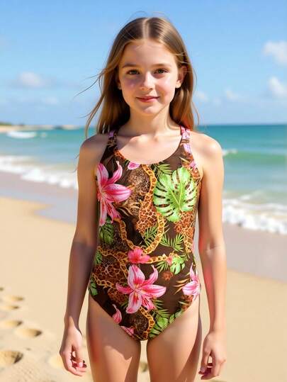 SHEIN 1pc Girls' Tropical Floral Print Elastic Quick-Dry Comfortable Knit Fabric Romper Swimsuit, Suitable For Beach, Pool, Vacation, Summer, Travel Flower Swimsuit Cute One Piece Swimsuit Hibiscus Swimsuit One Piece Swimsuit Girl Swimwear Girl One Piece