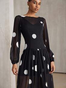 Aveloria Modichic 优雅雪纺波点复古轻盈长袖连衣裙 - 黑色 - 查看 2